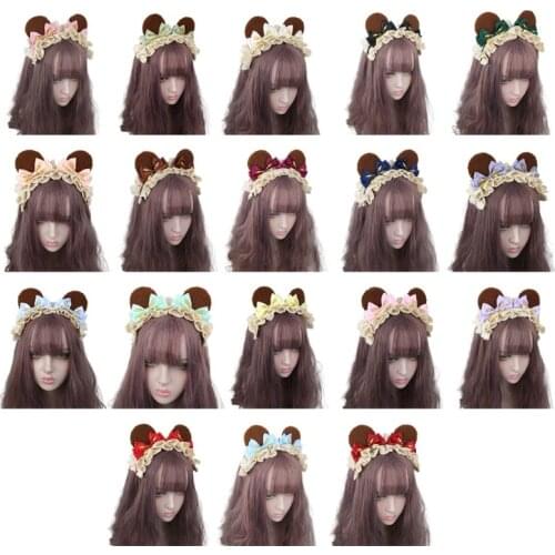 Japanese Lolita Plush Brown Bear Ears Headband Sweet Ruffled Lace Bow Animal Hair Hoop Vintage Maid Cosplay Headpiece