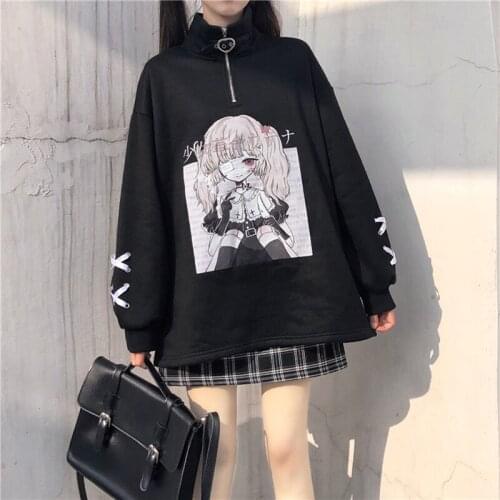 Japanese Kawaii Anime Printed Long Sleeve Sweatshirts Casual Soft Girls Lace Zipper Hoodies Harajuku High Street Women Pullover