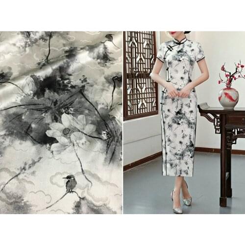 Jacquard water ink flower and bird printing digital printing fabric natural mulberry silk dress high fashion cheongsam fabric