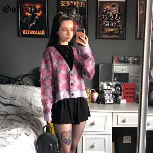 Goth Dark Fashion Argyle Printing E-girl Sweaters Gothic Single Breasted Button Front Caridigan V-neck Color Blocking Streetwear