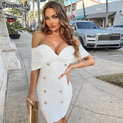 High Quality Womens Bodycon Bandage Dress 2021 Summer White Sexy Strapless Backless Double Breasted Club Party Dress Vestidos