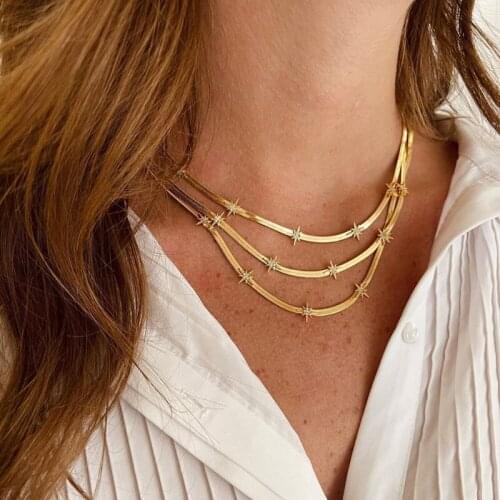 2021 European Unique Iced Out Bling CZ Starburst Star Charm 5mm Snake Herringbone Chain Gold Color Plated Women Choker Necklace