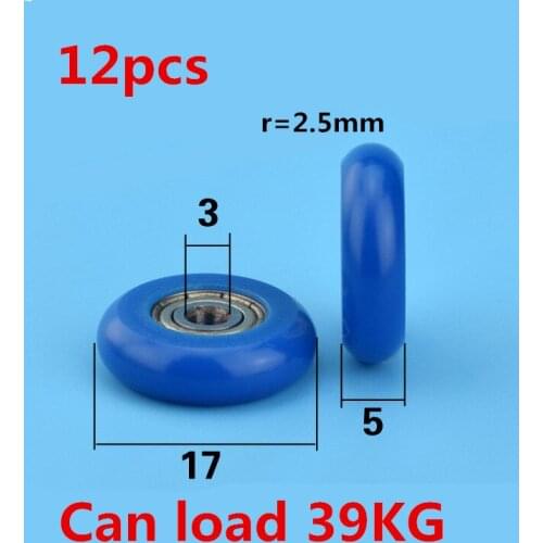 12 pcs 3*17*5mm Nylon Plastic Carbon Steel Bearings Pulley Wheels Embedded Groove Rollers For Sliding Doors Can load 39KG
