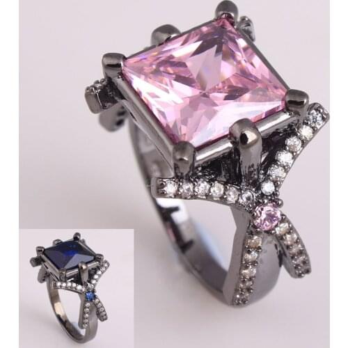 2016 black gold-color women wedding ring for lady party gift jewelry vintage trend pink royal blue cubic zircon ring