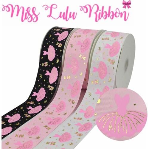 3"75mm Hologram Gold Foil Ballet Dress Ink Printing Solid Color Printed Grosgrain Ribbon DIY Wedding Party 50yards/roll