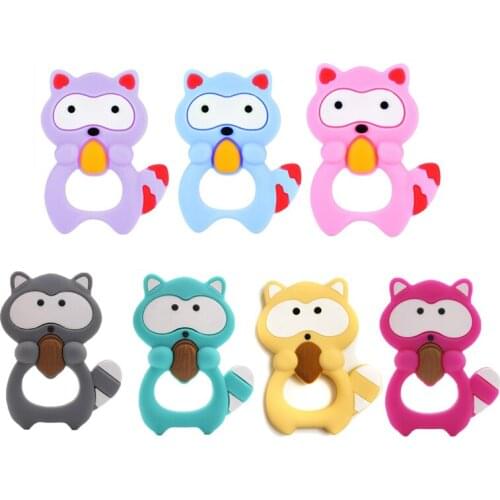 5PCS Silicone Raccoon Baby Ring Teether BPA Free Silicone Chew Charms Infant Animal Teething Toy Necklace Pendent Pacifier Clips