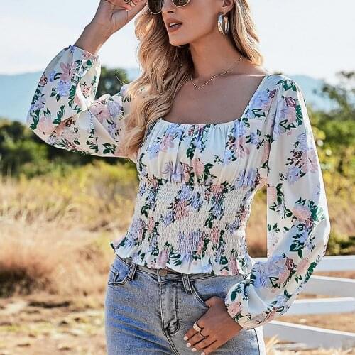 Floral Print Long Sleeve Blouse Womens Square Collar Ruffled Hem Waist Elastic Female Crop Tops 2021 Spring Lady Sweet Blouses