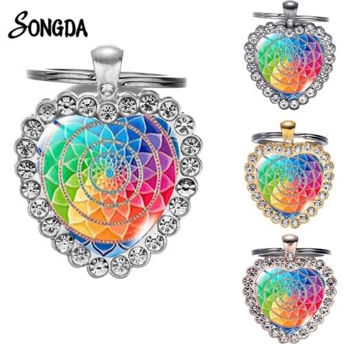 Indian Style Mandala Art Picture Keychain Inlay Sparkling Rhinestone Glass Heart Pendant Key Chain Women Men Gift Yoga OM Amulet
