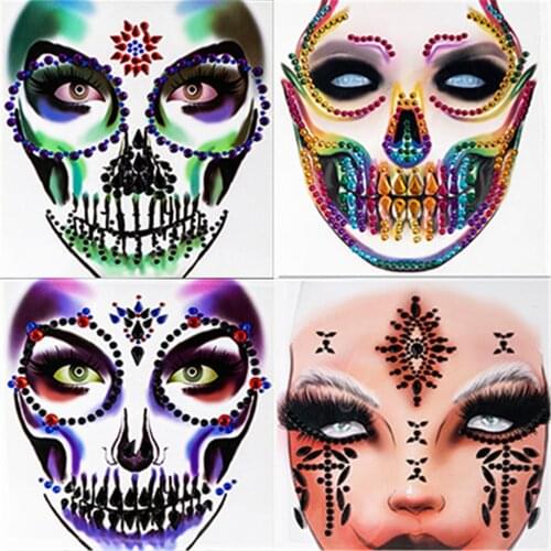 Halloween Dressing Party Face Fake Tattoo Gem Sticker Skull Makeup Inspired Party Body Paint Decor For Carnival Holiday Gift