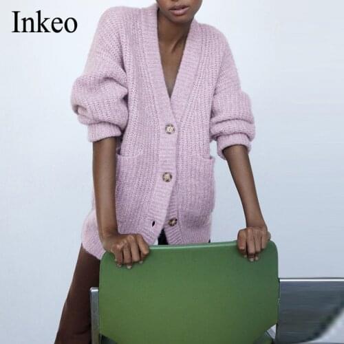 Women Pink Cardigan Knitted Sweater 2020 Autumn Winter Long Sleeve V neck Jumper Female Casual Streetwear Coat Loose INKEO 9O043