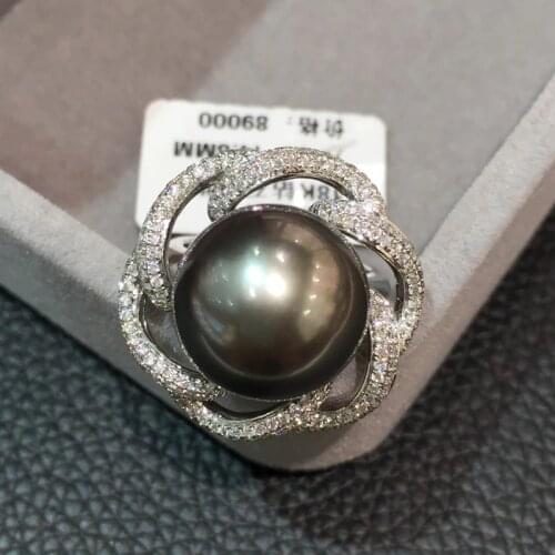 About 15MM natural big black pearl ring tahiti 18K white gold with real diamond real pearl ring flower fine women jewelry