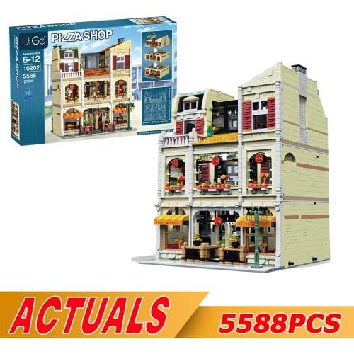 UrGe MOC 10202 Creatoring Expert Street View Pizzeria Pizza Shop Model Brick 5588pcs Modular House Building Blocks Toys Gifts