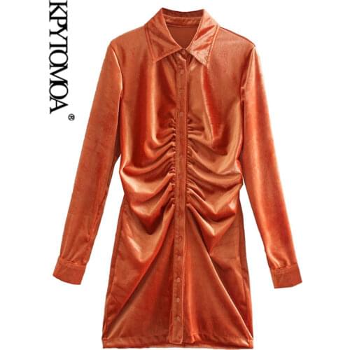 KPYTOMOA Women 2020 Chic Fashion Pleated Velvet Mini Dress Vintage Long Sleeve Button-up Female Dresses Vestidos Mujer