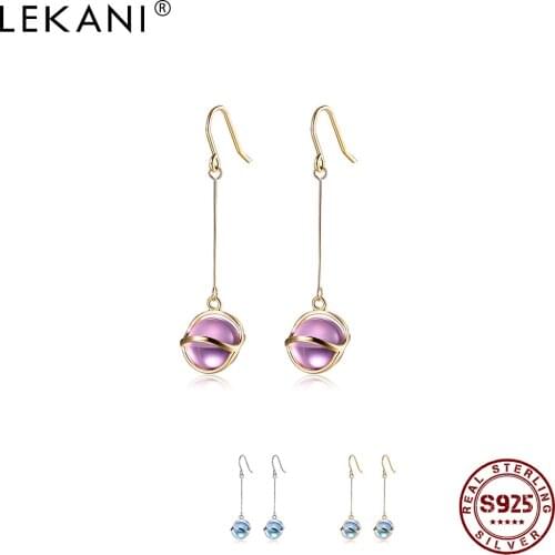LEKANI Genuine 925 Sterling Silver Round Glass Beads Drop Earrings For Women Trendy Gold Color Earring Hot Sale Fine Jewelry