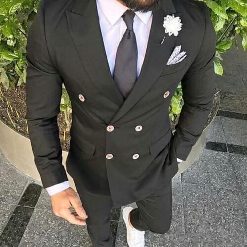 Hot Recommend Double Breasted Black Groom Tuxedos Groomsmen Peak Lapel Mens Suits Blazers (Jacket+Pants+Tie) W:858