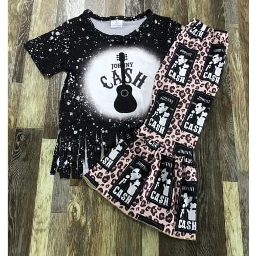 Fashion Kids summer Clothing Little Baby Girl Black flare-fringed guitar leopard-print flared trouser suit