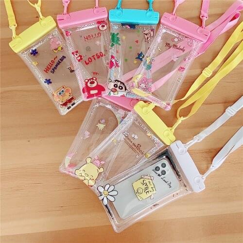 Cartoon Universal Waterproof Quicksand TPU Mobile Phone Bag for iPhone Adjustable Lanyard Airbag Transparent Phone Cover