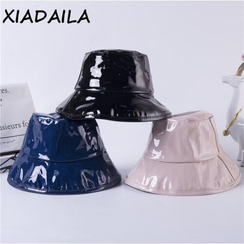 2020 New Glossy coat of paint fashion LADY bucket cap men women leisure fishmen hatHip hop hat Party hat PU leather Sun hat