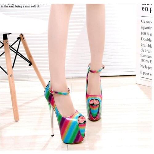2020 trendy womens new stripe stitching ultra-high fine with nightclub sexy fish mouth ladies large size bride wedding shoes