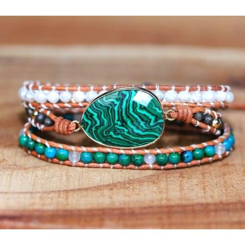 2021 New Malachite Hand Woven Multilayer Leather Bracelet Fashion Pearl Lovers Bracelet Natural Stone Bracelet Gift Jewelry