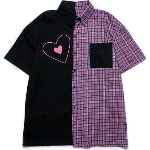 New summer Korean retro stitching contrast color plaid couple loose wild casual short-sleeved shirt women