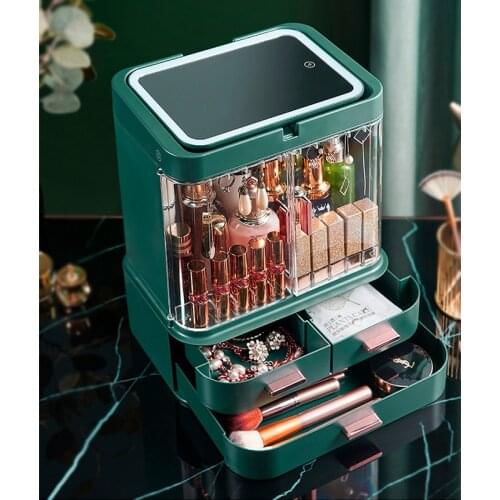 New Cosmetic Storage Box With Mirror Led Light Desktop Makeup Organizer Case Dust-Proof Drawer Type Organizer For Cosmetics