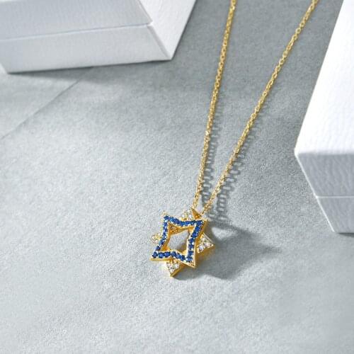 E Star of David Necklace for Women Gold Silver Color Pendant with Blue Cubic Zirconia Fashion Jewelry Friend Gift