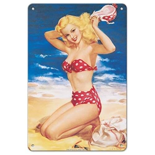 Nice to Know You - All American Beach Girl - Pin Up Calendar Page by Julius Jules Erbit c.1950s Metal Tin Sign