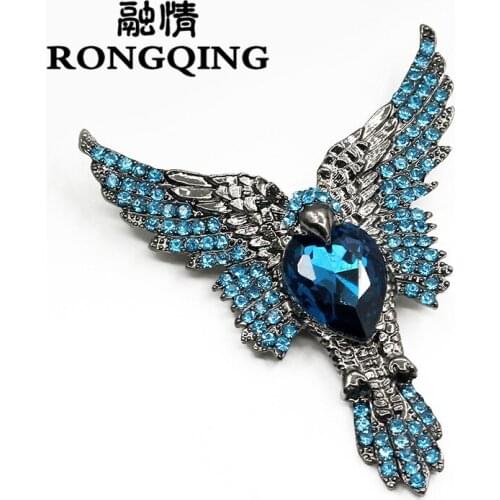 RONGQING 1pcs eagle brooches for men Women Accessories Brooch Luxury Brand Women Broches Fashion Colorful Blue Rhinestone