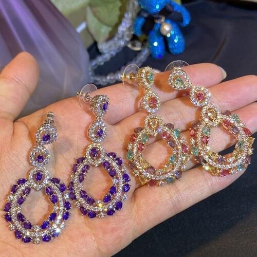 Luxury AAA Cubic Zircon Colorful Circle Earring Long Purple Crystal Purple Crystal For Women Jewelry Modern Geometric Designer