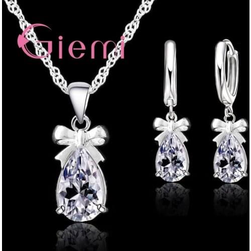 Stylish Bowknot 925 Sterling Silver With White Stone Cubic Zirconia Dangle Earring Pendant Necklace Woman Jewelry Set