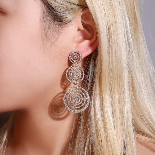 Multi-Circle Three Hollow Round Starry Bling Rhinestone Golden Silver Plated Alloy Dangle Earrings & Drop Earrings for Women