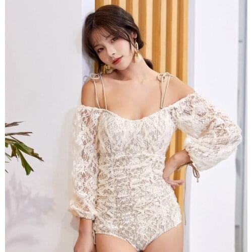 Off Shoulder One Piece Swimsuit Long Sleeve Beachwear Floral Embroidery Bathing Suit Push Up Padded Swimwear Korea Style