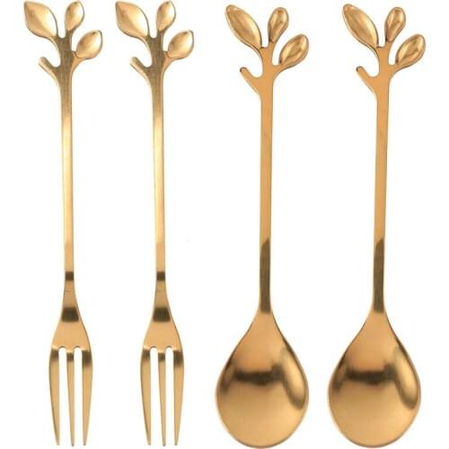 Tableware Gold Leaf Coffee Spoon Fork,4 Pack(2 Spoons 2 Forks) Little Demitasse Espresso Spoon and Appetizer Dessert Forks Set,4