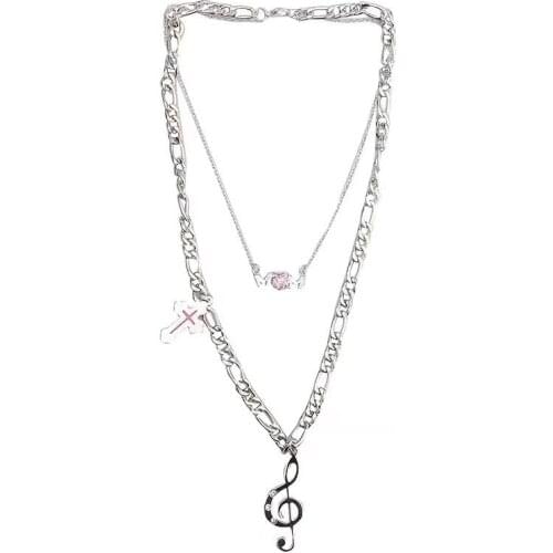 TIMEONLY Statement Note Pink Color Cross Rhinestone Pendant Necklace Chunky Cuban Hollow Necklac for Women Ladies Jewellery