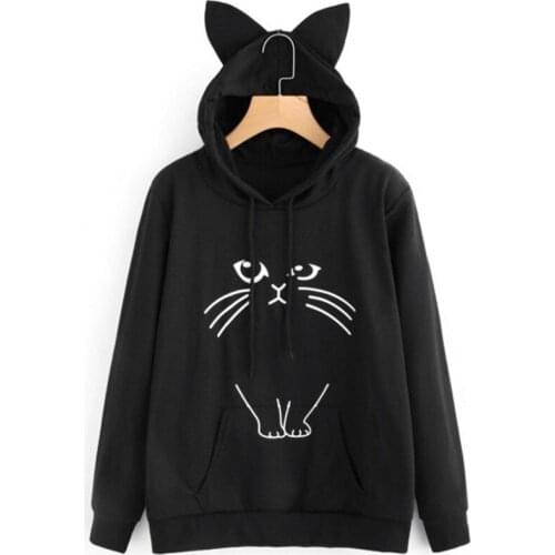 Harajuku Hoodies Ladies Casual Cute Kwaii Cat Ears Hooded Shirt Female Long Sleeves Cats Printed Lovely Sweatshirts Women