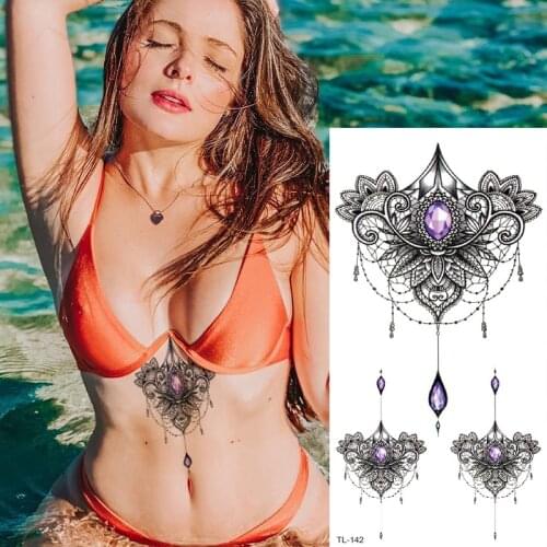 Sternum temporary tattoo sticker under breast tattoo women sexy tatoo mehndi stickers bikini girls tattoo mandala lace necklace
