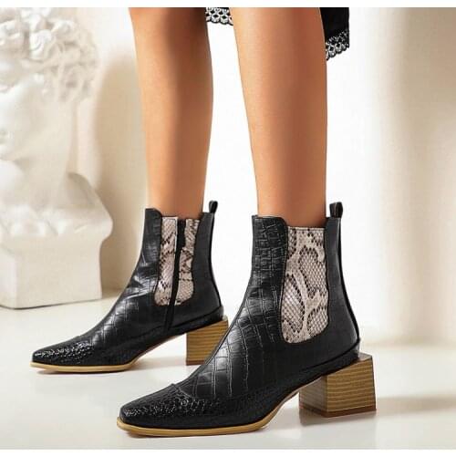 2020 Winter Women Black Chelsea Boots Pointed Toe PU Leather Ankle Bottes Serpentine Mixed Short Botas Femmes Chunky Heels Shoes