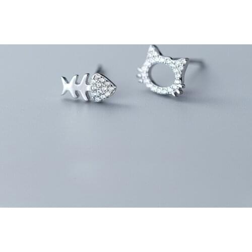 MloveAcc Fashion 925 Silver CZ Cat Fish Asymmetry Stud Earrings for Girls Women Personality Party Earrings Jewelry