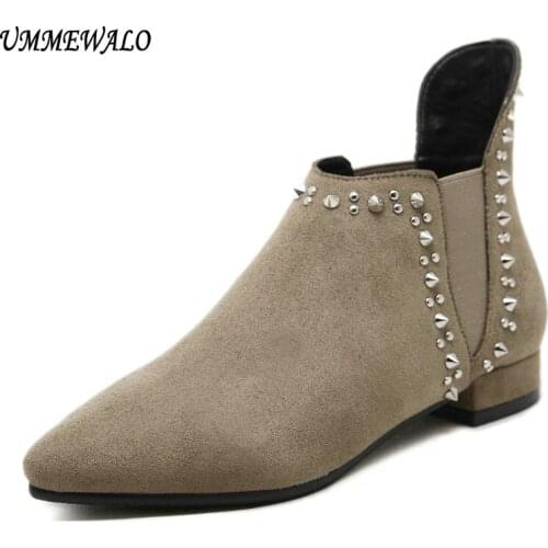 UMMEWALO Boots Women Suede Leather Boots Qualiy Pointed Toe Shoes Ladies Casual Autumn Winter Rivets Shoes botines mujer