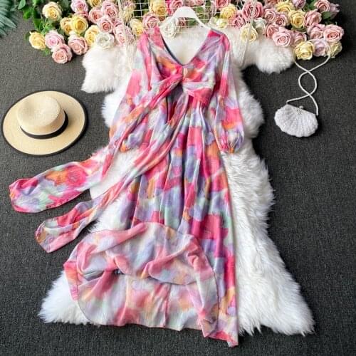 Womens spring summer runway fashion print long dress female long sleeve chic travel beach chiffon dress TB1503