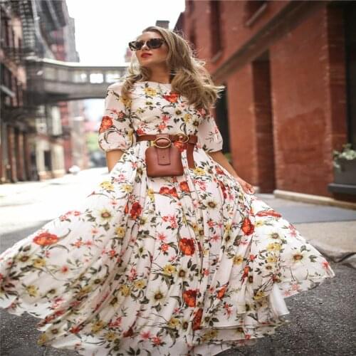 Fashion Women Summer Flower Boho Half Sleeve Long Maxi Dress Evening Party Beach Sundress Cover-Ups