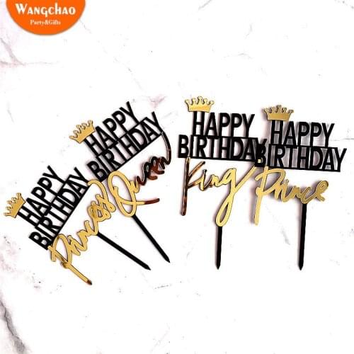 Golden Crown King Queen Princess Prince Black DIY Acrylic Happy Birthday Cake Topper kids Favors Party Supplies Cake Decoration