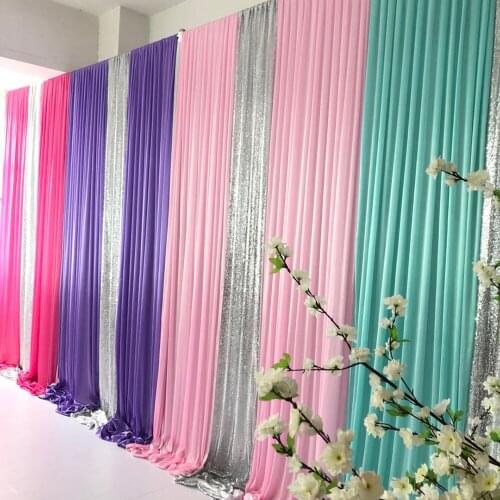 1pcs free shipping 3mH*6mW fuchsia/purple/pink/tiffnany blue swag ice silk backdrop with silver sequin curtain