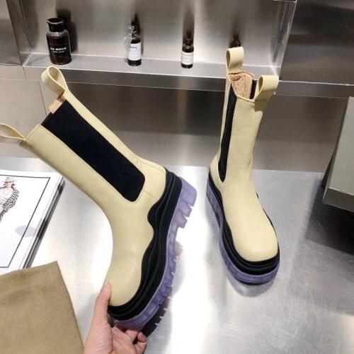 Mid-calf Chelsea Boots for Women Thick Bottom Elastic Waterproof Platform Various Colors 2021 New Fashion Designer High Quality