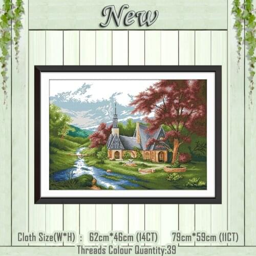 Church countryside river decor painting counted printed on the canvas DMC 11CT 14CT kits Cross Stitch embroidery needlework Sets