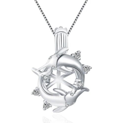 CLUCI 3pcs Silver 925 Round Double Dolphin Pearl Locket Pendant for Women 925 Sterling Silver Pearl Locket Cage Pendant SC075SB