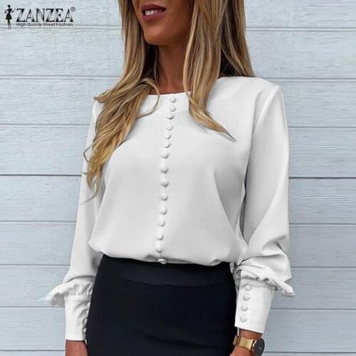Elegant Women Blouse ZANZEA 2021 Autumn Office Lady Skinny Shirts Casual Solid Puff Sleeve O-neck Tops Blusa Femme Oversize 5XL