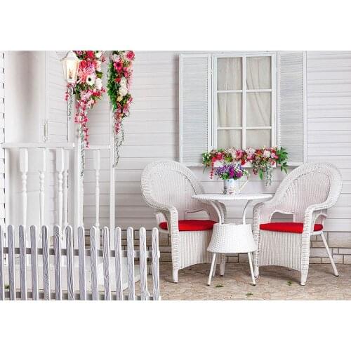 White Wall Window Fence Flowers Photography Backgrounds Customized Backdrop for Children Baby Portrait Photoshoot Photo Studio