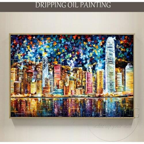 Artist Design Colorful Hong Kong Landscape Oil Painting on Canvas Hand-painted Hong Kong Night Oil Painting for Living Room